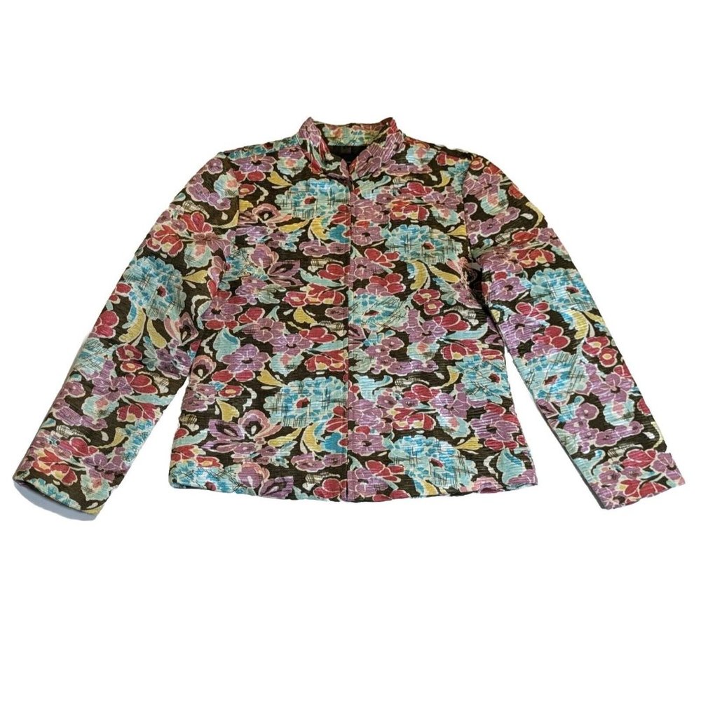 SilkLand Women Floral Quilted Full Zip Long Sleeve Blazer Sz Small